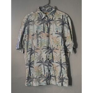 Joe Marlin Tropical Palm Tree‎ Hawaiian Shirt Mens L Blue Button Up Short Sleeve